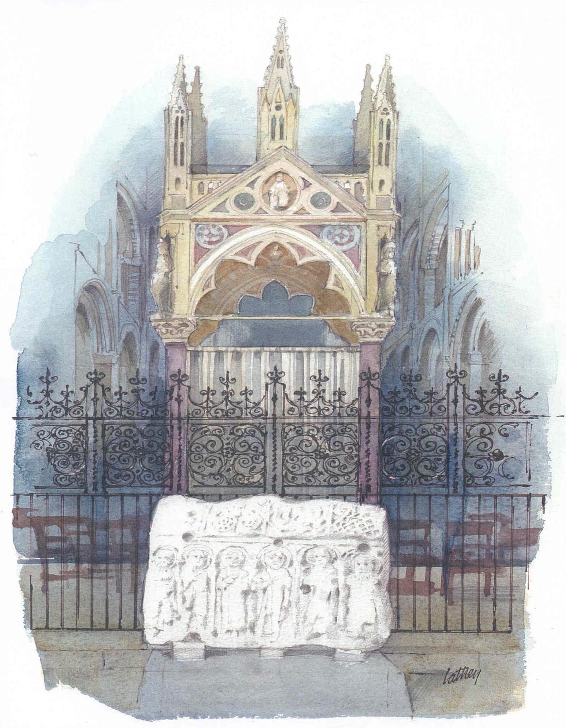 A watercolour painting depicting a view inside Peterborough Cathedral. The Hedda stone can be seen in the foreground, with high altar in background, separated by an ornate barrier.