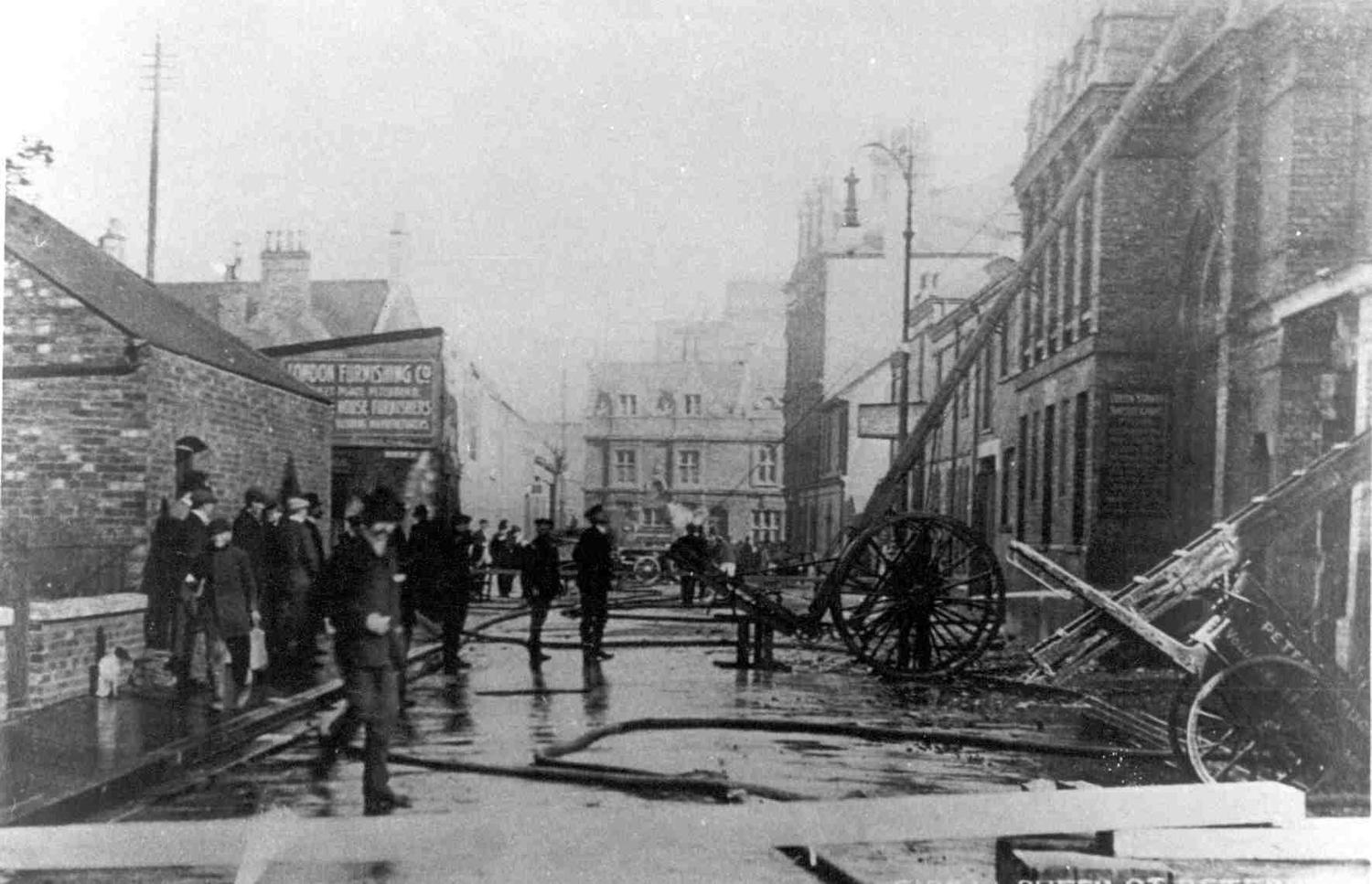 Peterborough City and Volunteer Fire Brigades at the scene of the Queens Street Baptist Chapel Fire 16.10.1905