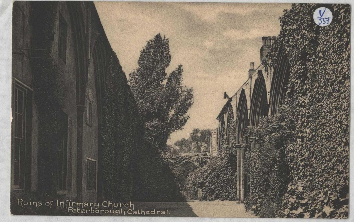 Peterborough Cathedral, the ruins of the infirmary and monastic buildings. Postcard, late 19th to early 20th century,