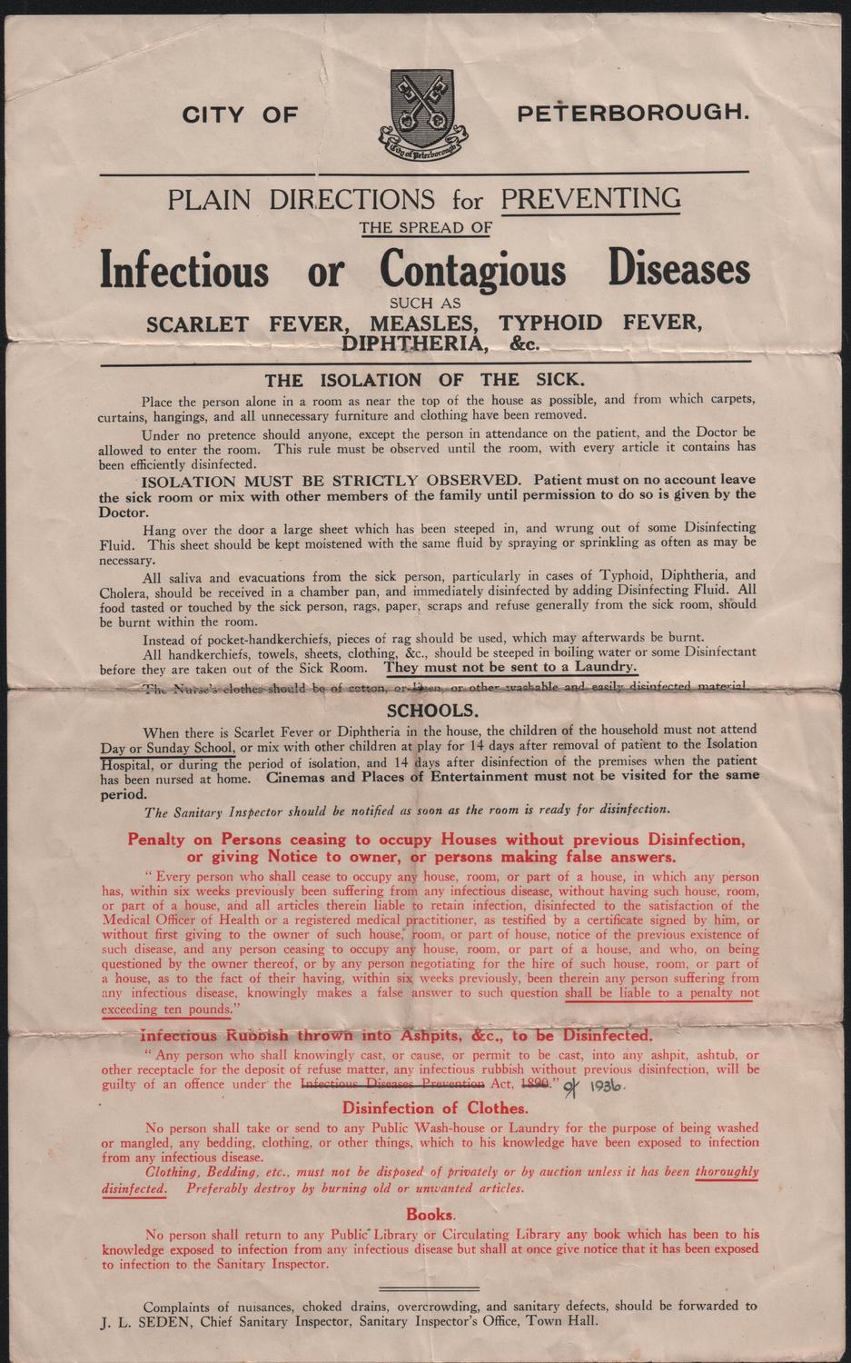 A 20th Century, City of Peteborough leaflet giving "Plain Directions for Preventing the spread of Infectious or Contagious Diseases, such as Scarlet Fever, Measles, Typhoid Fever, Diphtheria, &c."