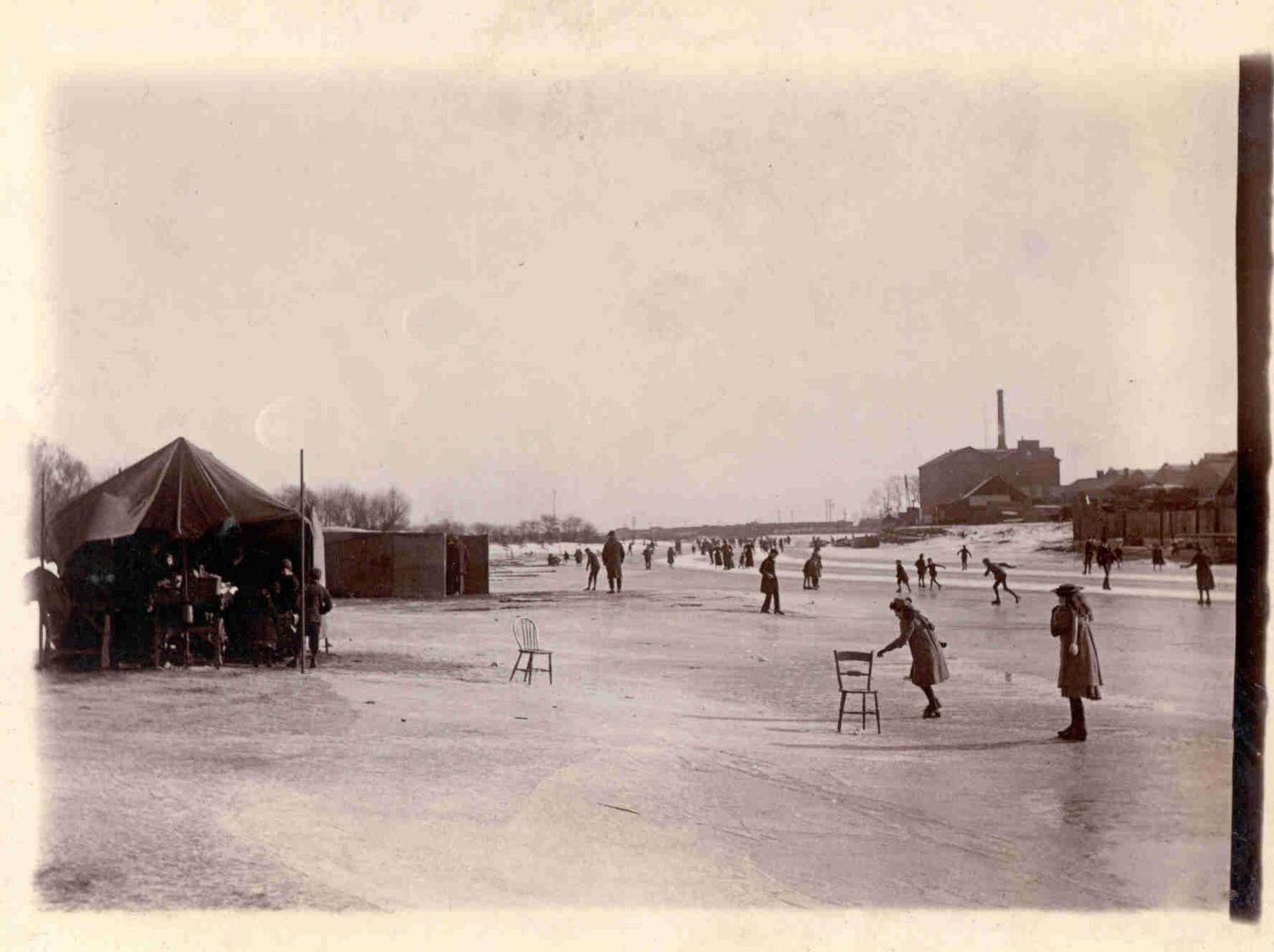 Ice skating on frozen Nene river circa 1900